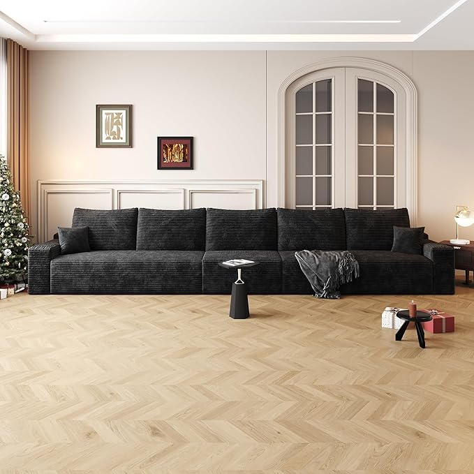 168.1" Oversized Cloud Modular Sofa, 5-Seater Couch for Large Living Room, Modern Upholstered Couches, Deep Seat Boneless Couch, No Assembly Required, Plush Corduroy (Black)