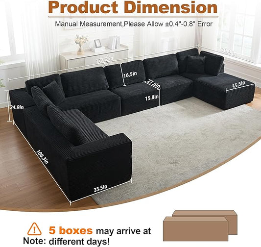 Modular Sectional Cloud Couch for Living Room,Modern Boneless Couche Set with Plush Corduroy,Comfy Floor Sofa with Memory Foam,Stupendous U Shaped Sofa with Chaise,No Assembly Required,Black