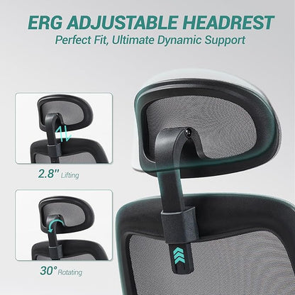 450 LBS Big and Tall Office Chair, Heavy Duty Executive Chair w/4D Arms, Ergonomic Computer Home Desk Chair, Swivel Mesh Chair w/2D Lumbar Support, Adjustable Headrest, Tilt Lock-Black and Grey