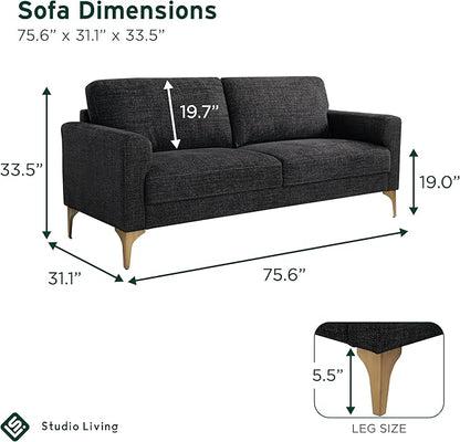 Studio Living® Matthew 75.6" Sofa, Mid-Century Modern, Pocket Coil Comfort, Metal Brushed Bronze Legs, Chenille Fabric, Black