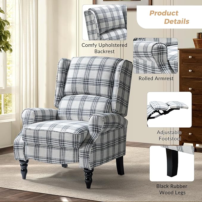 HULALA HOME Upholstered Wingback Recliner Chair Set of 2, Small Adjustable Footrest Push Back Single Reclining Sofa, Mid Century Modern Lounge Armchair for Living Room, Bedroom, Reading/Plaid Black