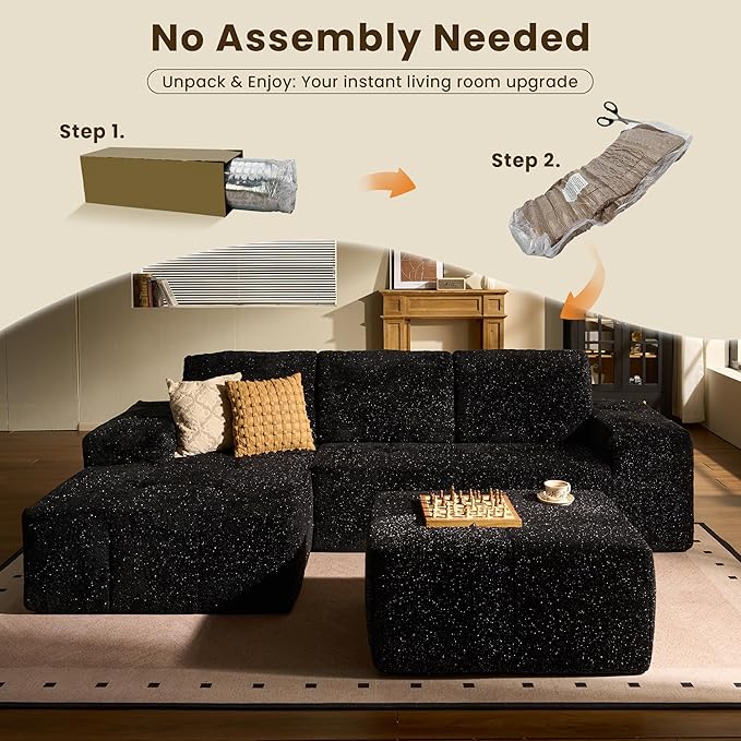 114" Glitter Cloud Sectional Couch with L-Shape Chaise & Ottoman, Modern Boneless Couches for Living Room, Fluffy Tufted Deep Seat Modular Sofa No Assembly (Black Sparkly Velvet,Left Facing)