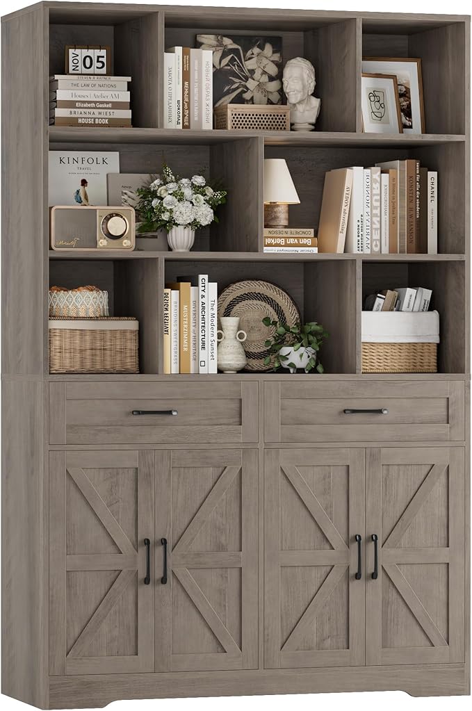 HOSTACK 71" Tall Bookcase with Drawers and Doors, 47" Wide Book Shelf and Bookcase with Storage, 6 Tier Large Book Storage Cabinet with 14" Deep Display Shelves for Living Room, Home Office, Ash Grey