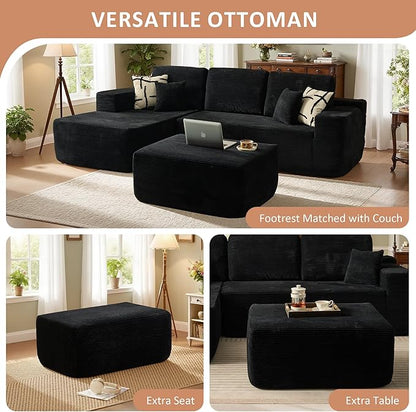 37.1" Ottoman for Couch, Plush Corduroy Memory Foam Ottoman Cloud Boneless Sectional Couch for Living Room Foot Stools No Assembly Require, Stripe Corduroy,Black