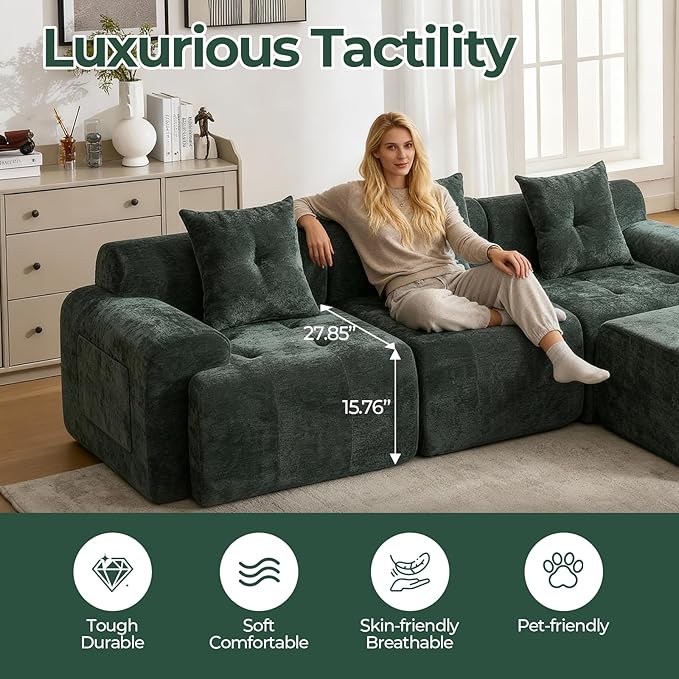 129.23”Modular Sectional Couch for Living Room, Modren L-Shape Cloud Sectional 4-Seater Sofa with 2 Movable Ottomans, Woven Texture Upholstery Boneless Couch, No Assembly, Green