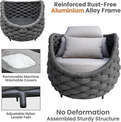 4-Piece Alumunim Outdoor Seating Set: All-Weather Patio Accent Furniture Sofa Set, Hand Woven Rope, No Assembly, Modern Garden Lounge Conversation Set for Backyard Deck Porch Poolside Hotel