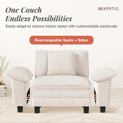 87-Inch L Shaped Sectional Sofa with Cloud Cushions, Deep Seat Modular Couch Set w/ 3 Seats & 1 Ottomans, Removable Arms, Chenille & Corduroy Upholstery for Living Room, Apartment - Beige