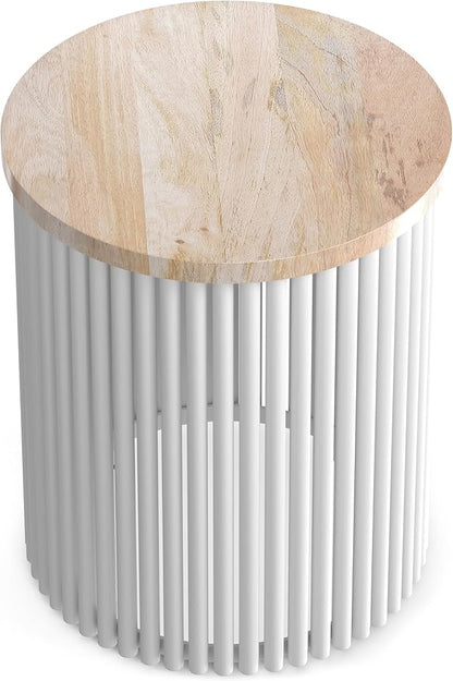 SIMPLIHOME Demy 18-inch Wide Metal and Solid Mango Accent Table in Natural/White, Round Side Table with Mango Wood Top for Living Room or Bedroom, Industrial Style, Assembled
