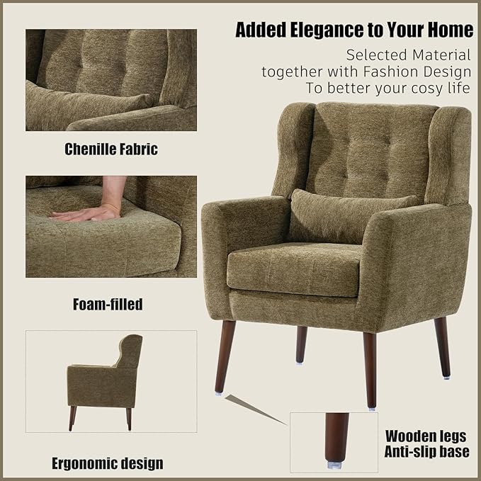 Accent Chair, Comfy Upholstered Living Room Chairs with High Tufted Backrest and Pillow, Wingback Reading Chair with Solid Wood Legs for Bedroom/Office, Chenille Fabric, Olive Green