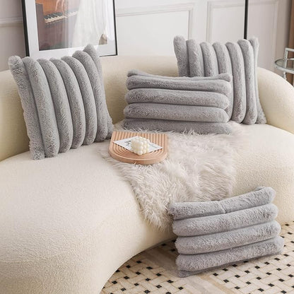 Neelvin Grey Faux Fur Cozy Soft Striped Decorative Throw Pillow Covers 22x22 inch Set of 2,Velvet Pillowcase Cushion Case for Sofa Couch