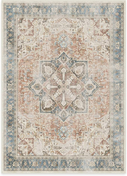 RUGGABLE Washable Vintage Area Rug – Kamran Coral 5x7, Stain-Resistant, Non-Slip – Medium Machine Washable Rugs for Living Room, Bedroom, Hallway, Entryway & Office–with Standard Pad