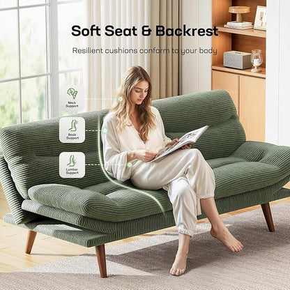 Marsail Futon Sofa Bed, Futon Couch with Adjustable Backrest & Armrests, Convertible Small Sleeper Sofa Bed for Small Apartments, Study Room, Office, Corduroy Loveseat, Green