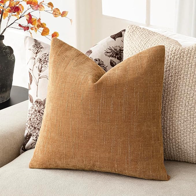 Foindtower Set of 2 Soft Textured Chenille Throw Decorative Pillow Covers Square Accent Solid Cushion Cover Neutral Farmhouse Pillow Case for Couch Sofa Bedroom Living Room 24x24 Inch,Golden Brown