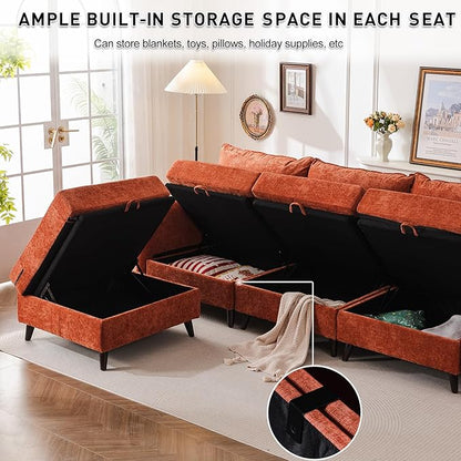 135'' Modular Sectional Sofa with All Seats Storage, Oversized Sleeper Sofa Bed for Living Room,4-Seater Comfy Cloud Couches with Movable Ottoman,Big Sectional for Bedroom,Velet,Orange