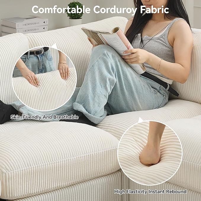 114'' V-Shaped Sectional Cloud Couch with Ottoman, 7-Seater Modular Couches for Living Room, Corduroy Oversized Deep Seat Sofa with Center Stitched, Beige