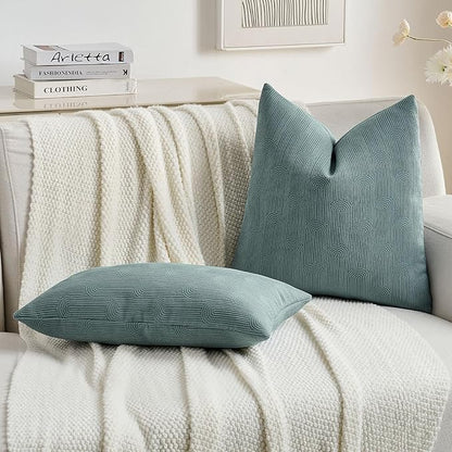 FUTEI Grey Blue Chenille Decorative Throw Pillow Covers 12x20 Inch Set of 2,Soft Cozy Striped Geometric Patterns Lumbar Pillow Cases,Modern Home Decor for Couch Bed Living Room