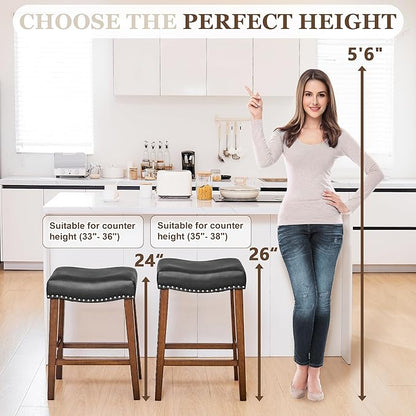 PrimeZone Counter Height Bar Stools Set of 2 - Backless Saddle Barstools with 4.3" Thick Upholstered, Nailhead Trim Faux Leather & Solid Wood Legs, 26 Inch Counter Stools for Kitchen Island, Black