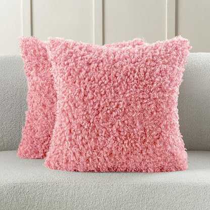 FUTEI Pink Decorative Throw Pillow Covers 18x18 Inch Set of 2,Soft Fluffy Faux Wool Fur Boucle Textured Cushion Case,Modern Home Decor for Couch Bed Living Room Office