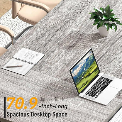 FOLUBAN 70.9" Industrial Computer Desk with Z-Shaped Legs, Modern Home Office Desk for 2 Person, Large Gaming Executive Workstation Study Table for Bedroom Writing, Light Grey