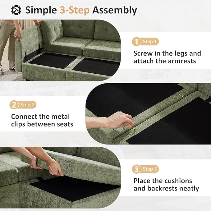 VANOMi 6 Seat Cloud Couches for Living Room, 118" Convertible Modular Cloud Sofas & Couches, Comfy Chenille Sectional Couch Sofa for Apartment, Office, Olive Green, L/U Shaped