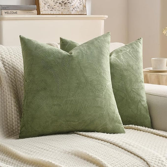 FUTEI Sage Green Velvet Throw Pillow Covers 22x22 Inch Set of 2,Soft Embossed Leaf-Relief Textured Cushion Cases,Natural Home Decor for Couch Living Room
