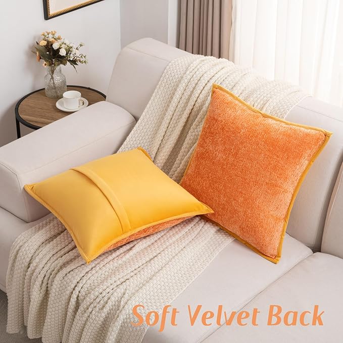 FUTEI Orange Chenille Throw Pillow Covers 24x24 Inch Set of 2,Soft Cozy Bound Edge Design European Cushion Cover,Home Decor for Couch Bed Living Room