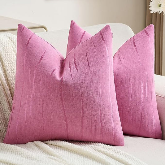 FUTEI Hot Pink Chenille Decorative Throw Pillow Covers 24x24 Inch Set of 2,Soft Embossed Striped Textured European Cushion Case,Modern Home Decor for Couch Bed Living Room