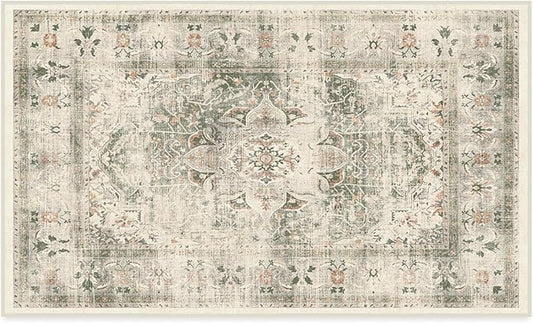 RUGGABLE Washable Vintage Area Rug – Sarrah Sage 3x5, Stain-Resistant, Non-Slip – Small Machine Washable Rugs for Living Room, Bedroom, Hallway, Entryway & Office–with Cushioned Pad