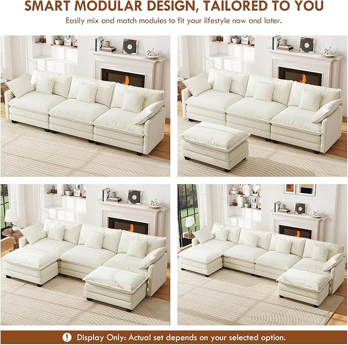 WorthFurni 111.4” Cloud Couch, Modular Sectional Sofa with Ottoman, Comfy Modern 3-Seater Couches with Pillows & Upholstered Deep Seat Cushion for Apartment Living Room Bedroom （Beige）