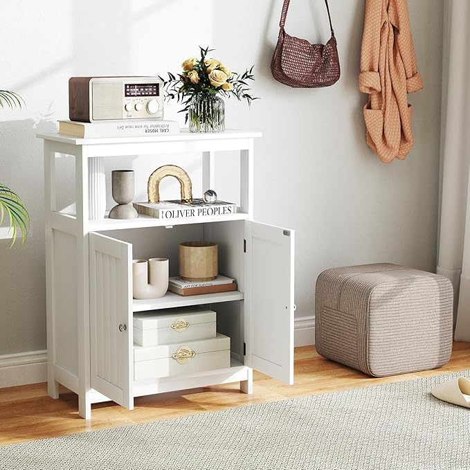 Tangkula Bathroom Storage Cabinet, Freestanding Floor Organizer with 2 Doors & 1 Adjustable Shelf, Modern Home Bathroom Furniture for Living Room Entryway Kitchen (Cabinet, White)