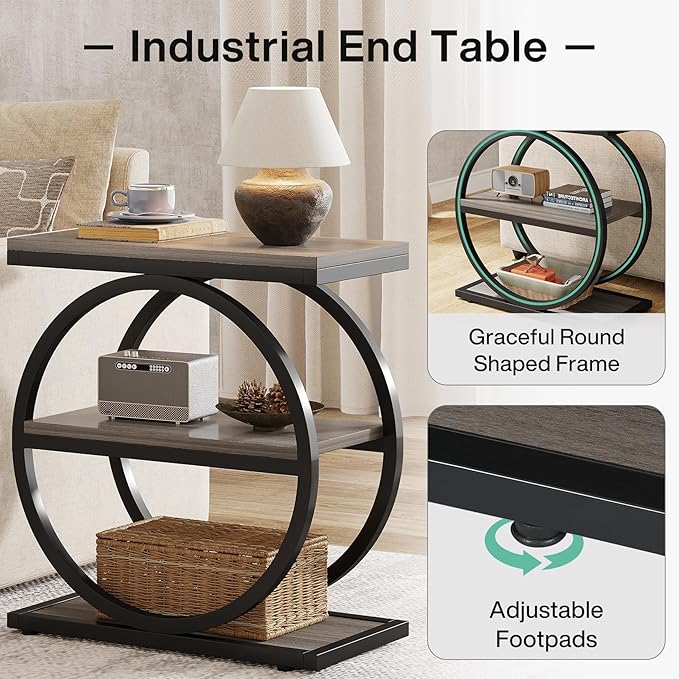 Tribesigns End Table, Narrow End Table with 3 Storage Shelves, Wood Side Table with Black Metal Frames, Industrial Small Sofa Side Table for Living Room, Grey Nightstand and Bedside Table for Bedroom