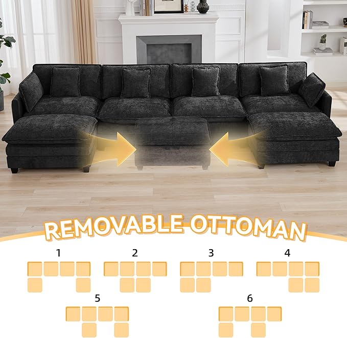 147'' Modualr Sectional Cloud Deep Seat Couch, Oversized Chenille U Shaped Sectional Sofa for Living Room Set, Comfy Upholstered Modular Sectional Sofa Couch with 2 Movable Ottoman, Dark Grey