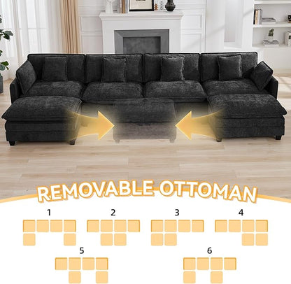 147'' Modualr Sectional Cloud Deep Seat Couch, Oversized Chenille U Shaped Sectional Sofa for Living Room Set, Comfy Upholstered Modular Sectional Sofa Couch with 2 Movable Ottoman, Dark Grey