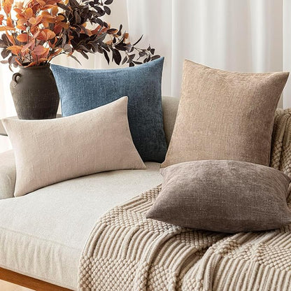 Foindtower Pack of 2 Soft Textured Chenille Throw Decorative Pillow Covers Square Accent Solid Cushion Cover Cozy Neutral Farmhouse Pillow Case for Couch Sofa Bedroom Living Room 16x16 Inch,Blue