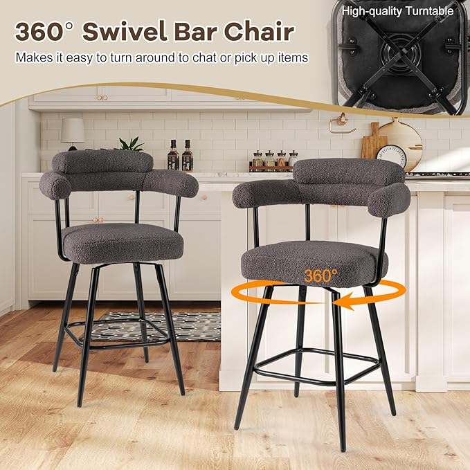 COSTWAY Counter Height Bar Stools Set of 2, 27" Swivel Modern Upholstered Counter Chairs with Boucle Fabric, Curved Backrests & Metal Legs, for Kitchen Island, Home (2, Grey + Black)