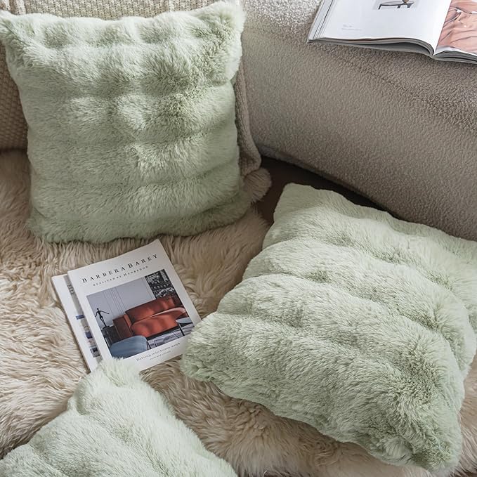 Neelvin Green Faux Fur Cozy Soft Double-Sided Decorative Throw Pillow Covers 18x18 inch Set of 2,Velvet Pillowcase Cushion Case for Sofa Couch