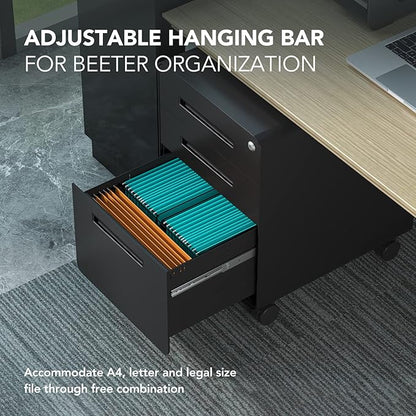FLEXISPOT Metal File Cabinet for Home Office Mobile File Cabinet with Lock 3 Drawer Filing Cabinets for Legal/Letter/A4 File, Round Corner Design,Black