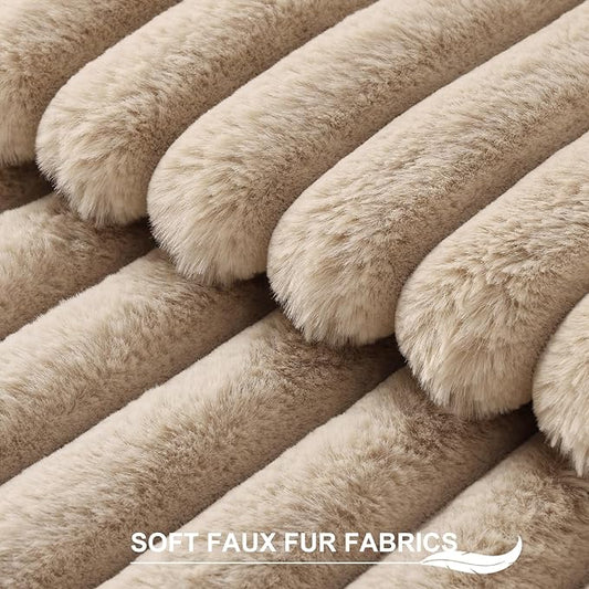 Pallene Faux Fur Plush Lumbar Throw Pillow Covers 12x20 Set of 2, Luxury Soft Fluffy Striped Decorative Pillow Covers for Sofa, Couch, Living Room, Khaki