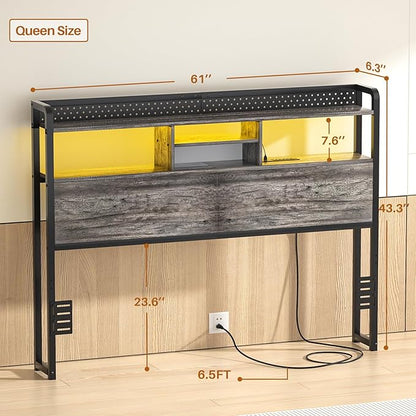 Unikito Headboard for Queen Size Bed with Storage Shelf, Head Board with 3 Outlets and 2 USB Ports, Headboards with RGB LED Light, Height Adjustable, Sturdy and Stable, Easy Assembly, Black Oak