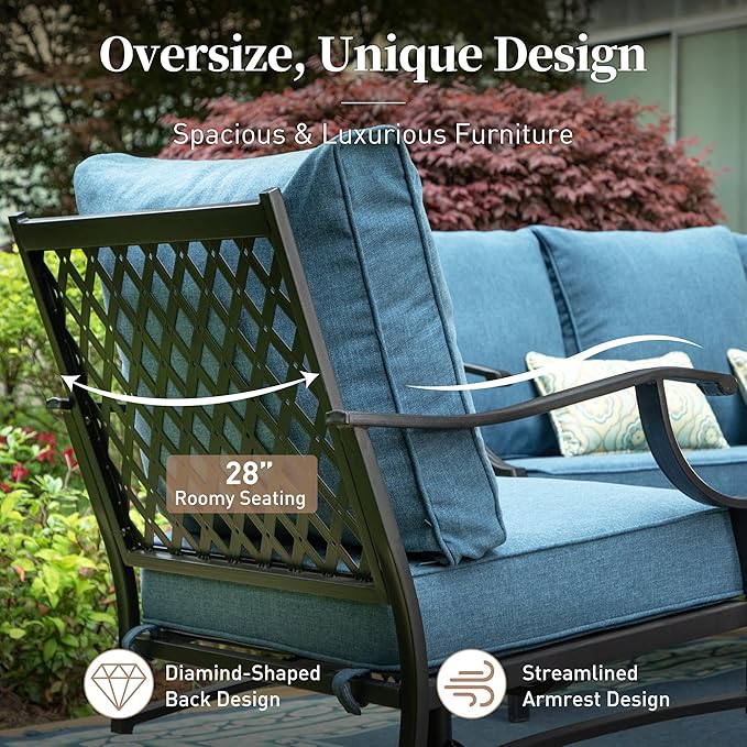 4 Piece Metal Outdoor Patio Furniture Sets, Patio Conversation Sets 1 3-seater Sofa, 2 Fixed Chair with 5.75" Extra Thick Cushion and Coffee Table, Black Frame Backyard Furniture, Navy