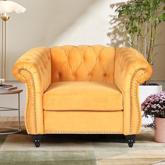 2 Piece Living Room Sofa Set, 3 Seater Velvet Sofa Couch and Chair Set, Mid Century Modern Upholstered Couch with Cushions, Comfy Tufted Chesterfield Couches for Living Room, Bedroom, Office