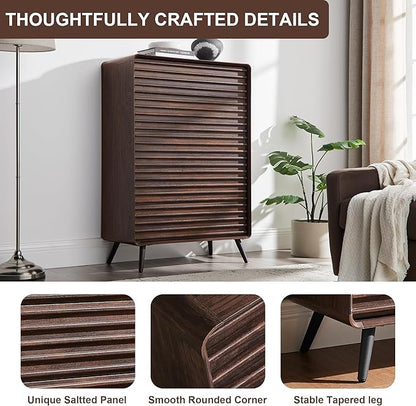 RedLemon 5 Drawers Dresser for Bedroom, 48'' Tall Mid Century Modern Wood Fluted Dresser, Chest of Drawers with Tapered Leg for Bedroom, Living Room, Hallway, Closet, Dark Walnut