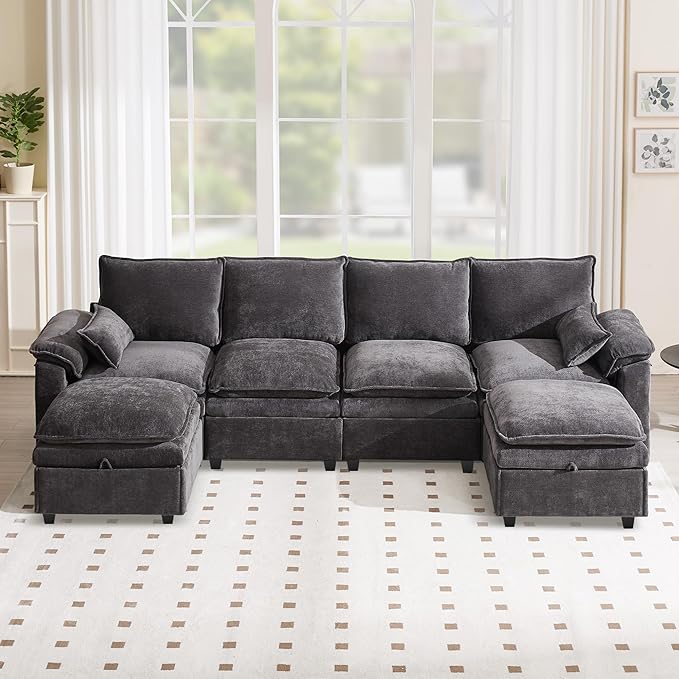 130" U Shaped Modular Sectional Sofa, Couch with Ottoman Storage, Chenille Cloud Couch with Plush Deep Seating for Living Room, Bedroom (8 Seat, Grey)