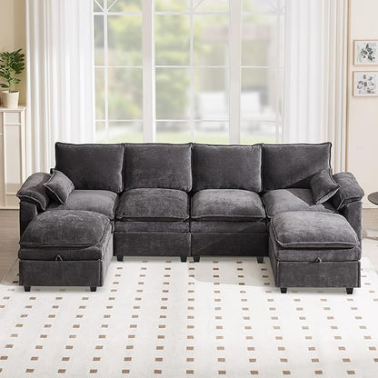 130" U Shaped Modular Sectional Sofa, Couch with Ottoman Storage, Chenille Cloud Couch with Plush Deep Seating for Living Room, Bedroom (7 Seat, Grey)