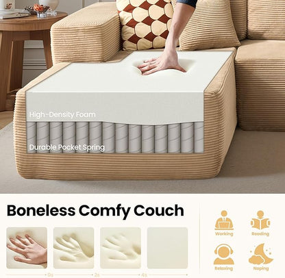 104" Cloud Sectional Couch with Chaise, Boneless L-Shaped Cloud Couch with Deep Seat, Corduroy Modern Minimalist Sofa, Assembly Free Comfy Sofa for Office Living Room Apartment(Camel, Left Chaise)