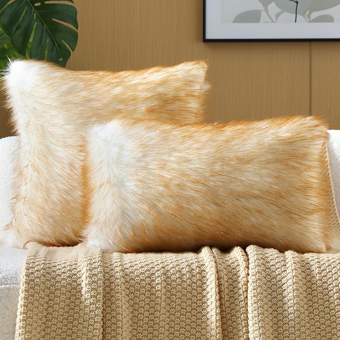 FUTEI Brown White Decorative Throw Pillow Covers 20x20 Inch Set of 2,Soft Fluffy Faux Fox Fur Textured Cushion Case,Modern Home Decor for Couch Living Room