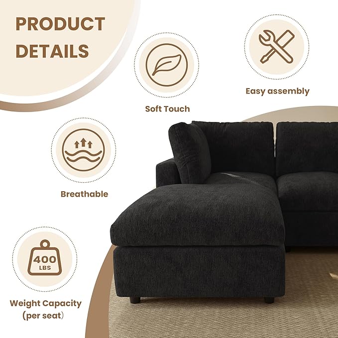 WJShome V Shaped Sectional Couch 100 Inch 5-Seater Modern Modular Sofa,Chenille Deep Seat Couches for Living Room, Bedroom and Apartment，Black