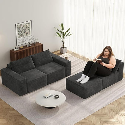 Vesgantti 114" Modular Sectional Boneless Couch, Modern 3 Seater Sofa with Ottoman & Deep Seat, Convertible Chenille L Shaped Cloud Couches for Living Room, No Assembly Required, Dark Grey