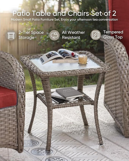HUMMUH 7 Pieces Wicker Patio Conversation Set Outdoor Glider Loveseat with Patio Swivel Rocking Chairs Outdoor Patio Set for Deck Lawn Porch Balcony Poolside-Grey/Red