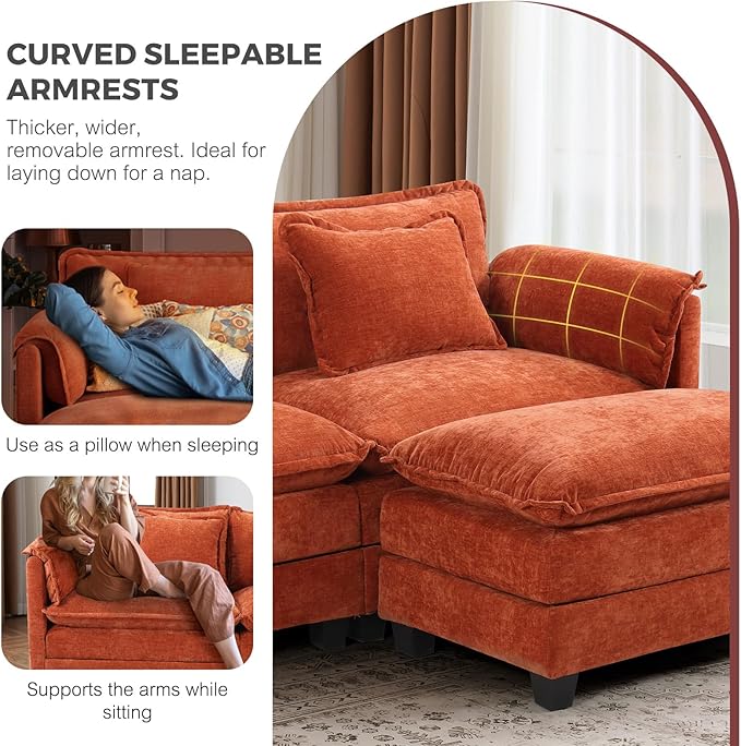 ELUCHANG 153" U Shaped Modular Sectional Cloud Couch with Pillow, Deep Seat Sofa Couches for Living Room, 6-Seat Modern Sofa with Movable Ottoman, Chenille Terracotta